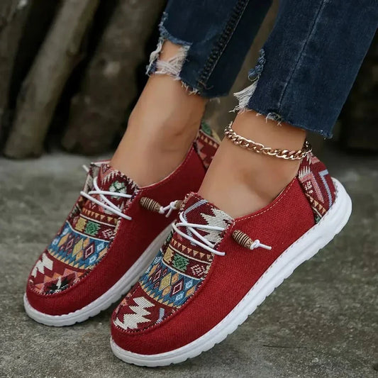 Quinn - Women's Casual Comfort Loafers with Ethnic Print and Lace-Up Detail