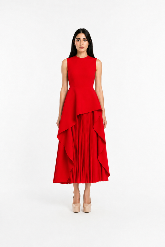 Red Asymmetric Pleated Midi Dress – ROVELIA