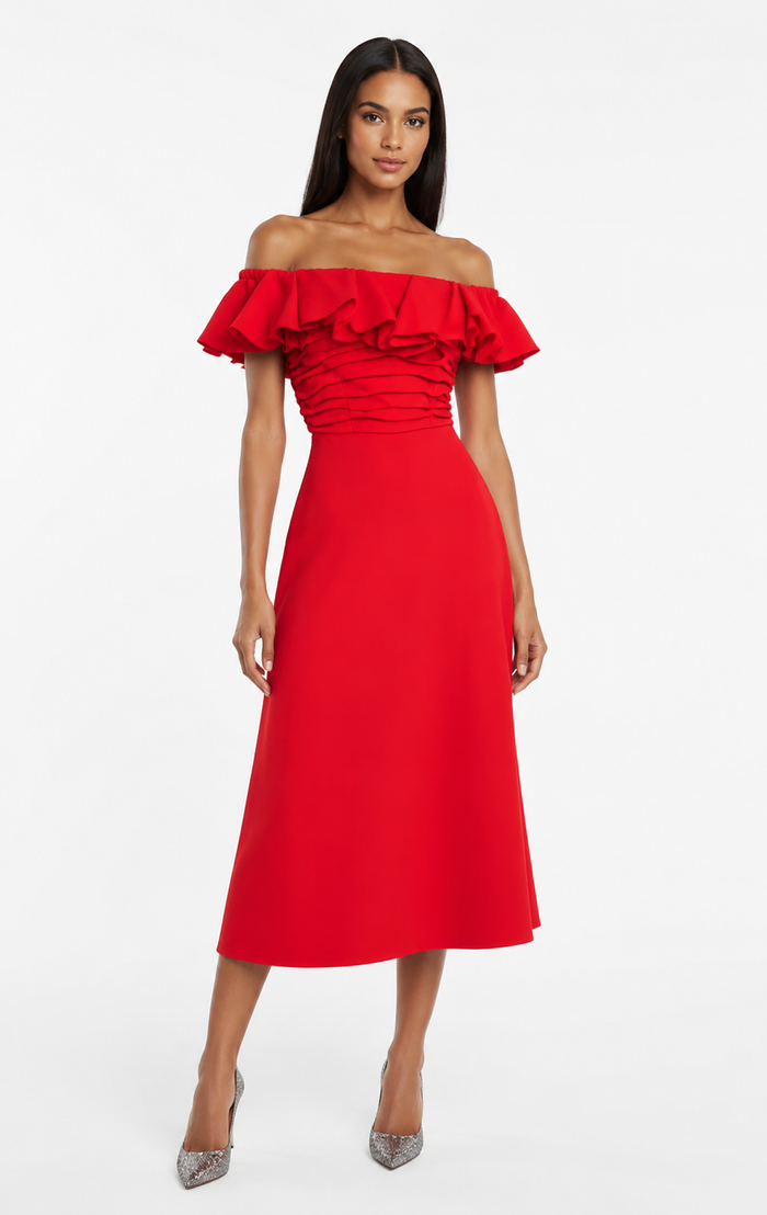 Red Ruffle Off-Shoulder Midi Dress – AMARÉLLE