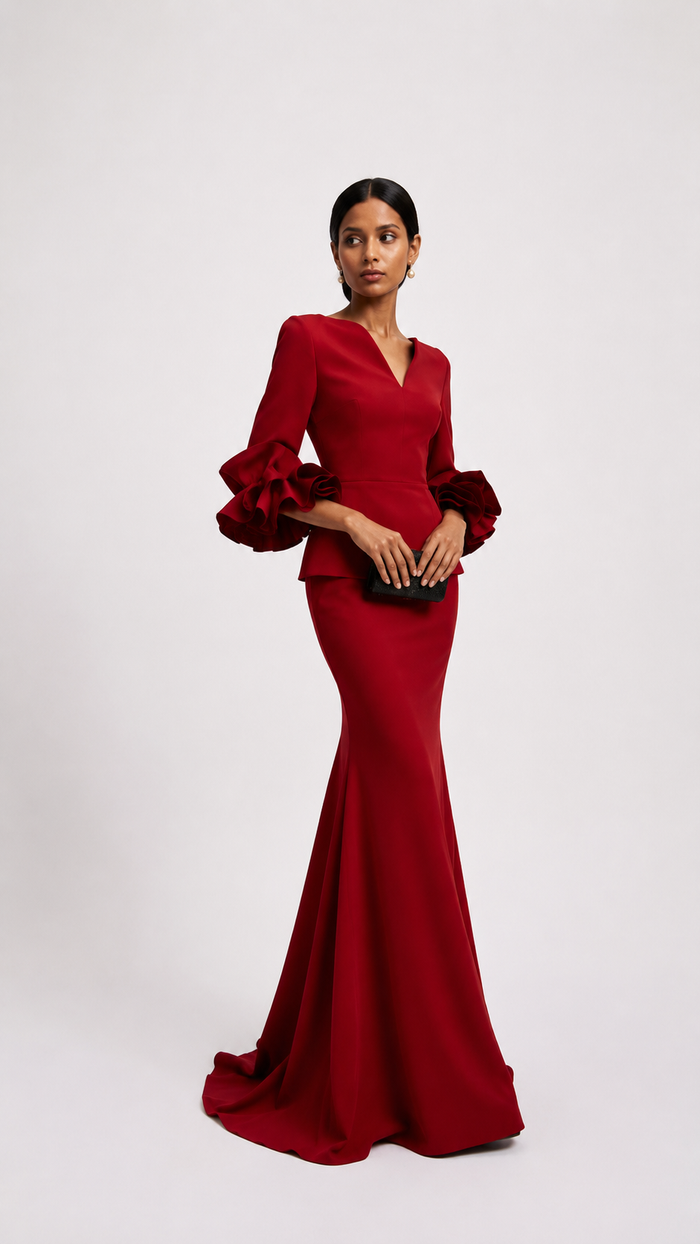 Red Ruffle Sleeve Peplum Mermaid Dress – VALENCIA
