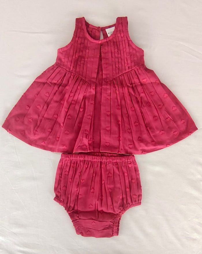 Red Solid Color Heart Dobby Pintuck Gathered Dress dress & diaper cover Yo Baby India