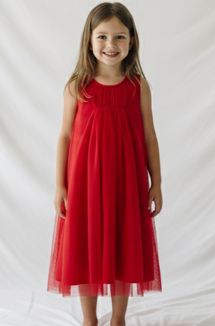 Red Tulle Dress with Ruffle Neck – Elegant Sleeveless Dress for Kids & Infants