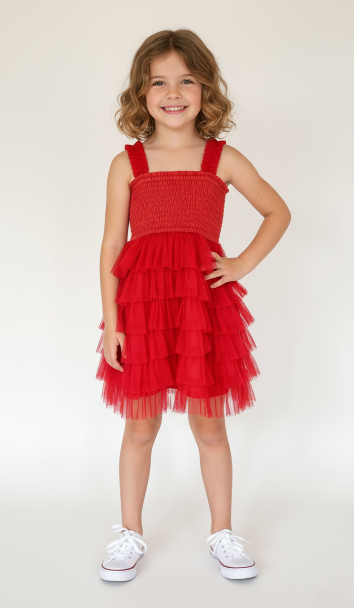 Red Tulle Tiered Ruffle Dress – Infant & Toddler Girls Outfit with Matching Bloomer