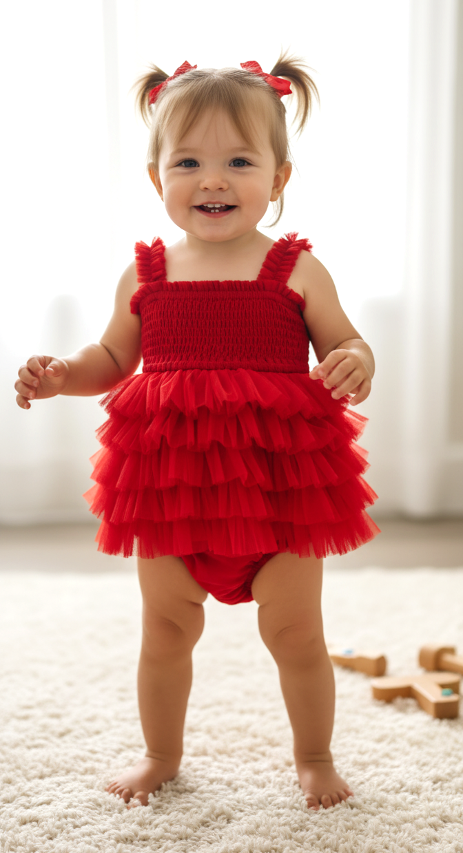 Red Tulle Tiered Ruffle Dress – Infant & Toddler Girls Outfit with Matching Bloomer