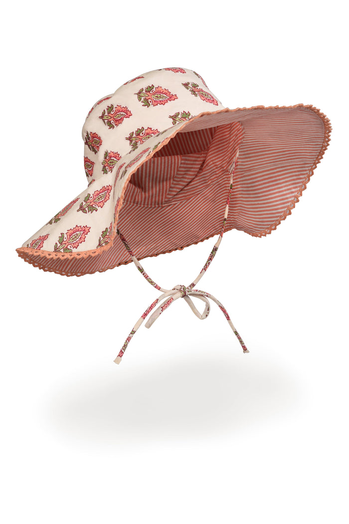 Reversible Coral Booti Print & Coral Stripe Sun Hat for Kids CAP Yo Baby India