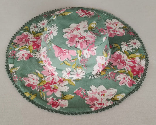 Reversible Green Floral & stripe Kids' Sun Hat with Lace Detail CAP Yo Baby India