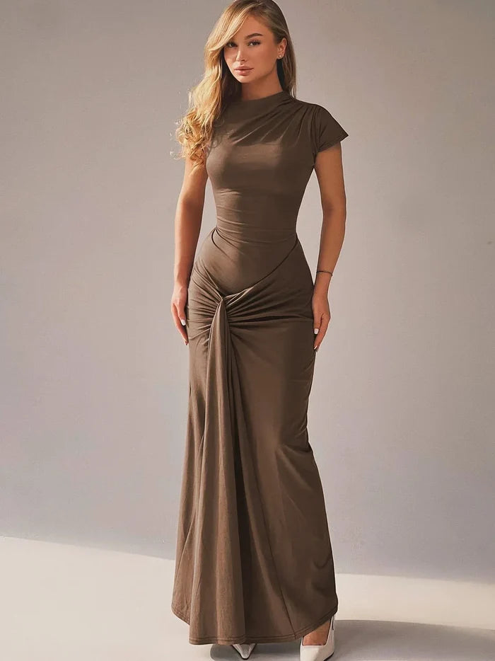 Riley - Elegant Women's Wedding Guest Dress with Mock Neck and Ruched Maxi Silhouette