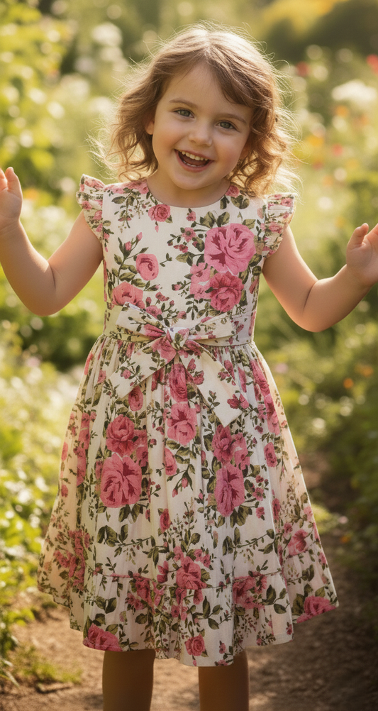 Rosa Dress in White for Infant, Toddler & Tween Girls – 100% Cotton with Back Tie Strap Belt & Included Bloomers