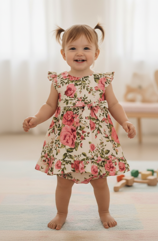 Rosa Dress in White for Infant, Toddler & Tween Girls – 100% Cotton with Back Tie Strap Belt & Included Bloomers