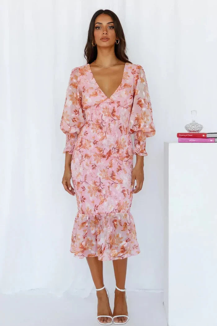 Rosalie - Romantic Women's Wedding Guest Dress with Puff Sleeves and Floral Midi Ruffle Hem