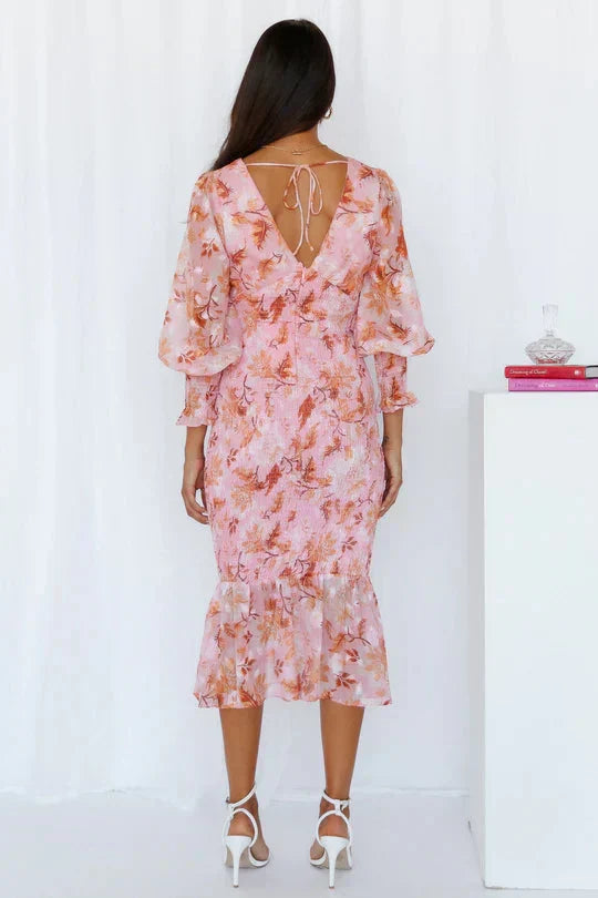 Rosalie - Romantic Women's Wedding Guest Dress with Puff Sleeves and Floral Midi Ruffle Hem