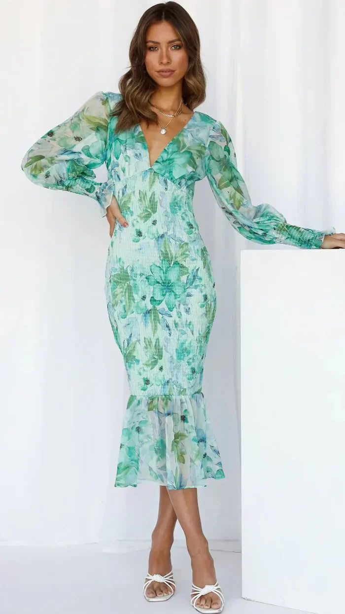 Rosalie - Romantic Women's Wedding Guest Dress with Puff Sleeves and Floral Midi Ruffle Hem