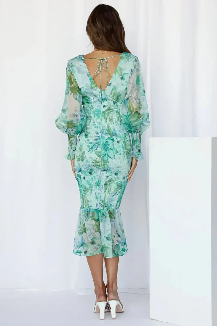 Rosalie - Romantic Women's Wedding Guest Dress with Puff Sleeves and Floral Midi Ruffle Hem