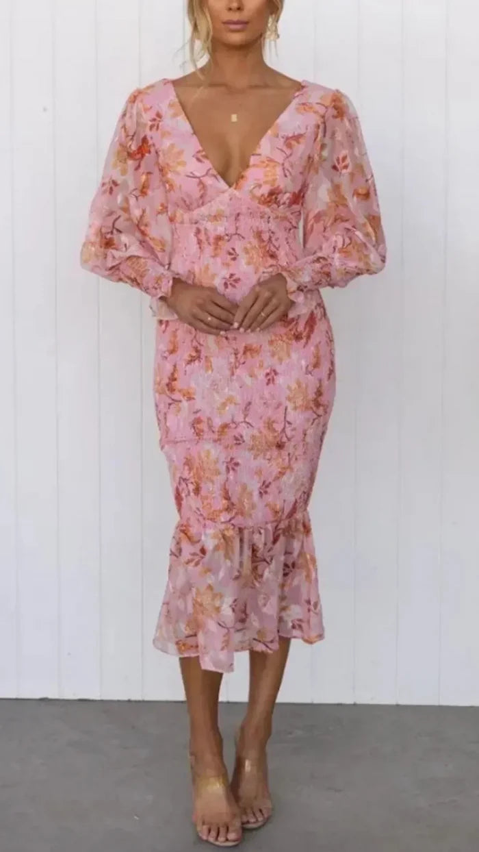 Rosalie - Romantic Women's Wedding Guest Dress with Puff Sleeves and Floral Midi Ruffle Hem