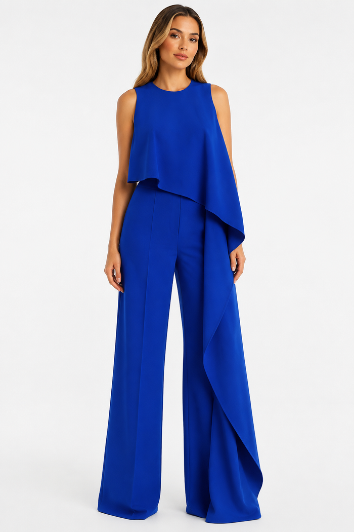 Royal Blue Draped Wide-Leg Jumpsuit – AZVÉRA