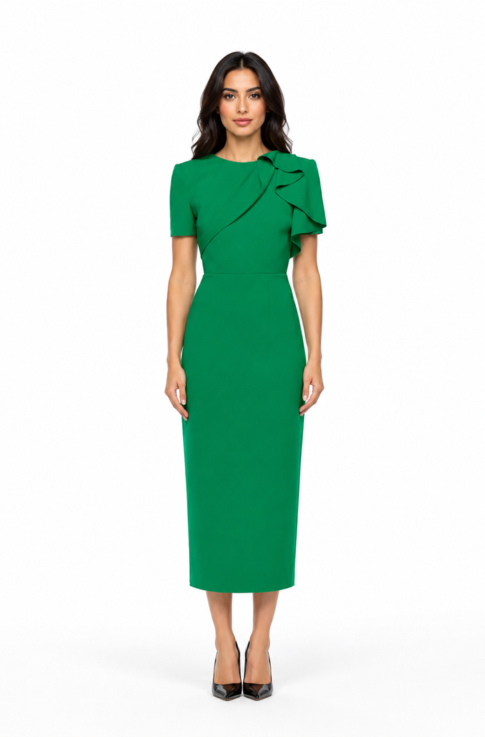 Ruffle Shoulder Midi Dress – EMERALD