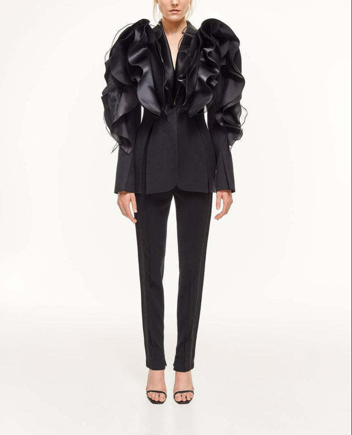 ruffled organza sleeve blazer with deep satin lapel - Jermien
