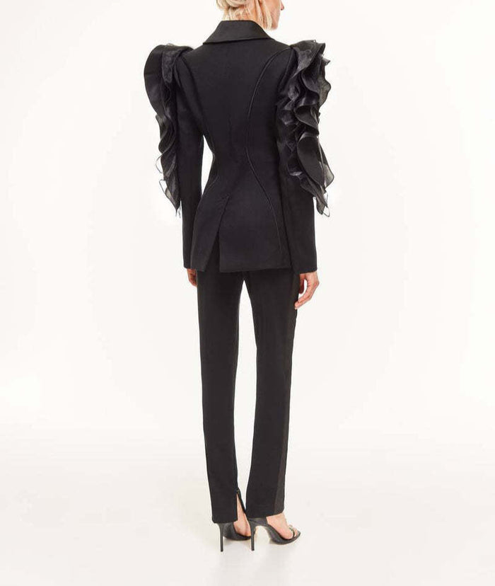 ruffled organza sleeve blazer with deep satin lapel - Jermien