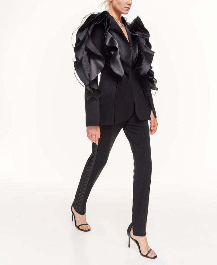 ruffled organza sleeve blazer with deep satin lapel - Jermien
