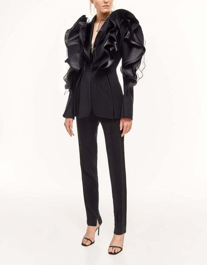 ruffled organza sleeve blazer with deep satin lapel - Jermien