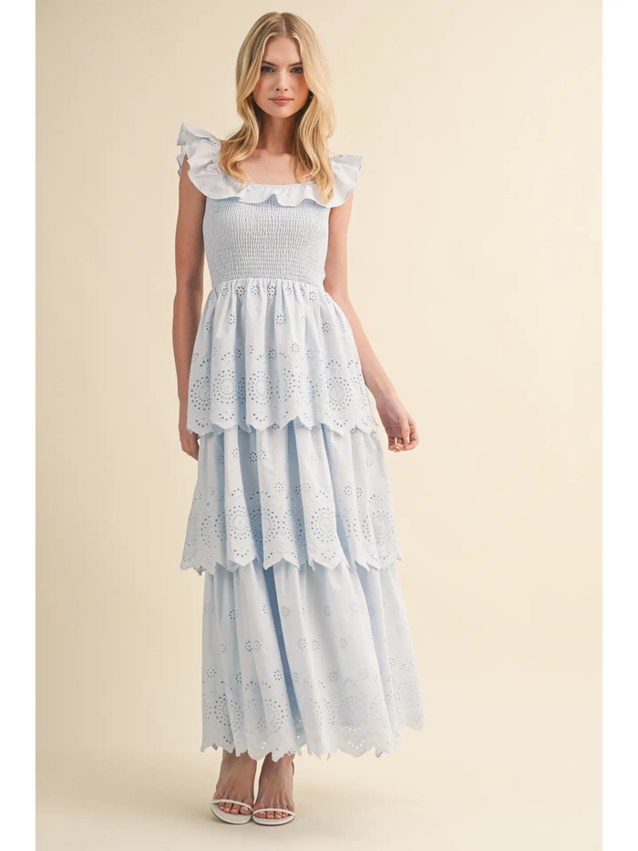 Ruffled Smocked Eyelet Tiered Maxi Dress - Greige Goods