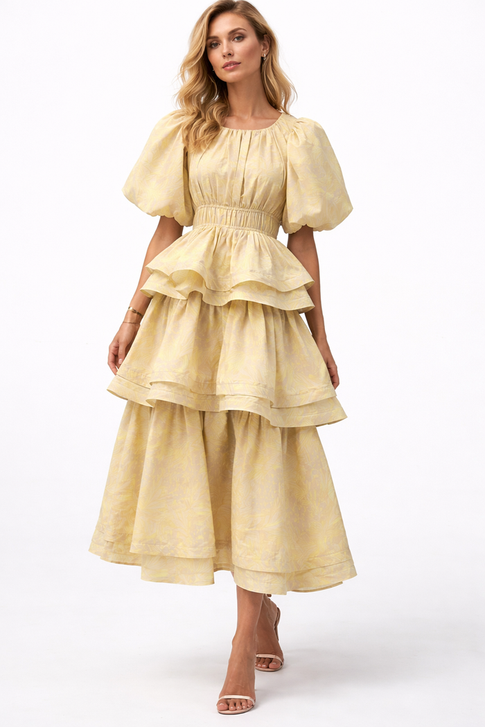 ruffled tiered midi dress with puff sleeves – MOHAMED