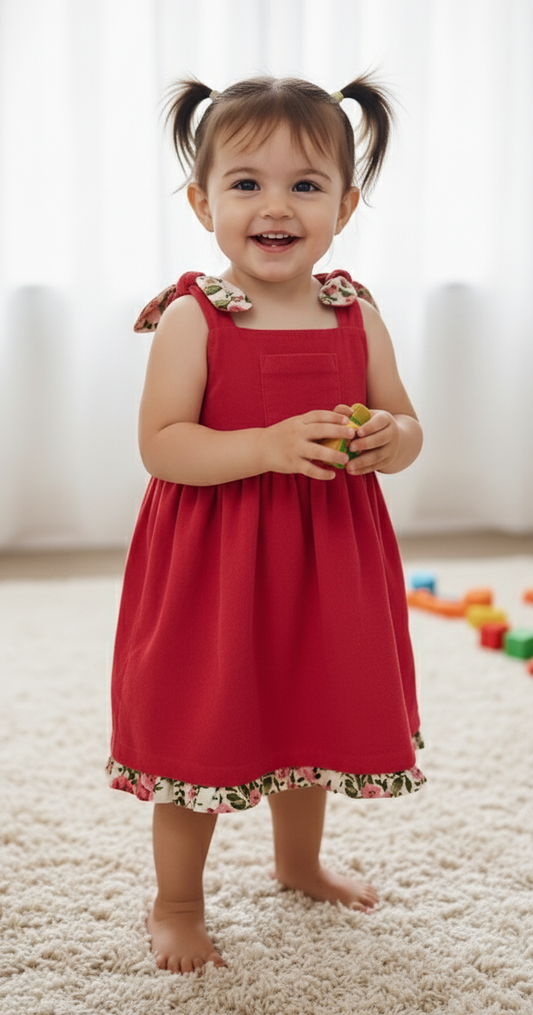 Ruhani Dress in Coral for Infant, Toddler & Tween Girls – 100% Cotton Corduroy with Adjustable Tie-Strap & Contrast Pockets