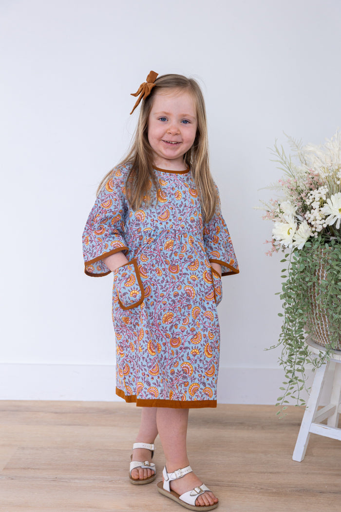Rust Floral Printed Bell Sleeves Gathered Dress DRESS Yo Baby India