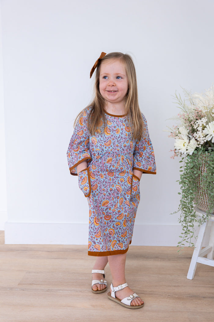 Rust Floral Printed Bell Sleeves Gathered Dress DRESS Yo Baby India