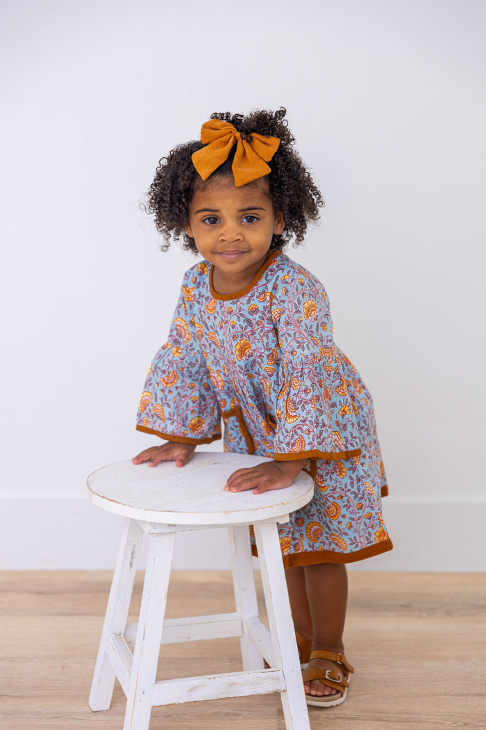 Rust Floral Printed Bell Sleeves Gathered Dress DRESS Yo Baby India