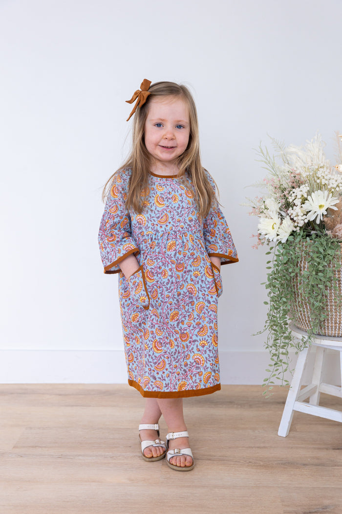 Rust Floral Printed Bell Sleeves Gathered Dress DRESS Yo Baby India