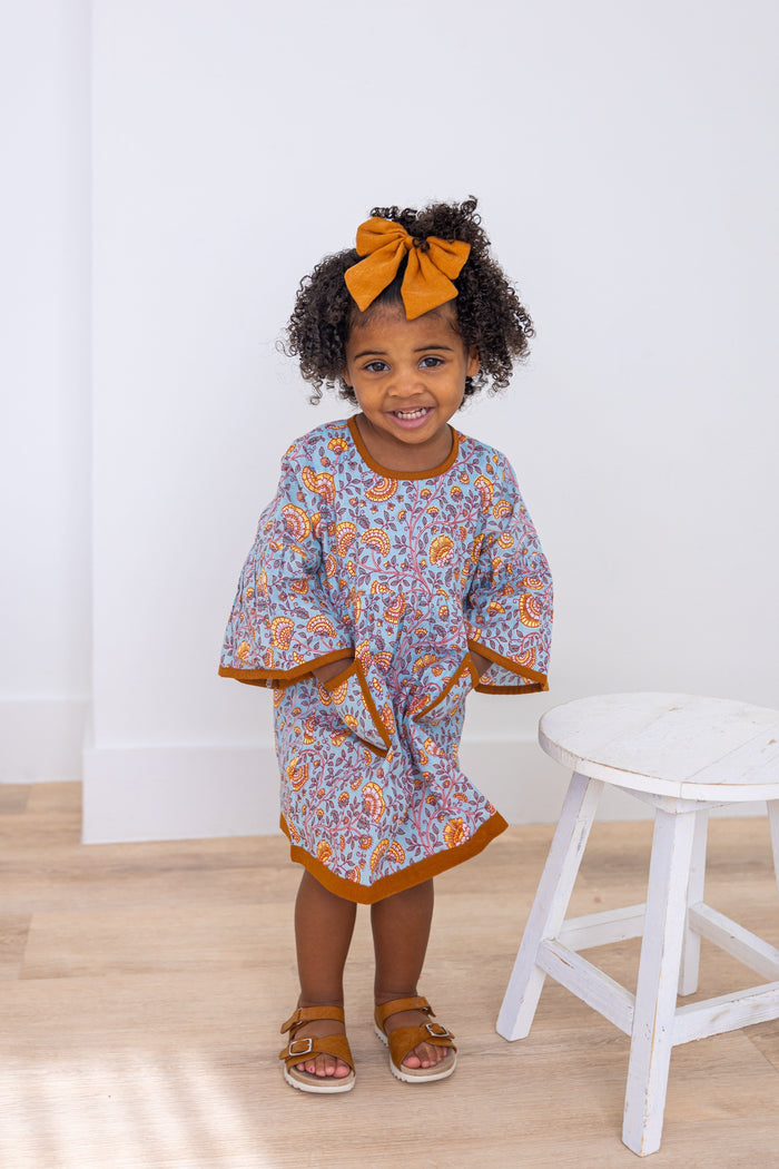 Rust Floral Printed Bell Sleeves Gathered Dress DRESS Yo Baby India