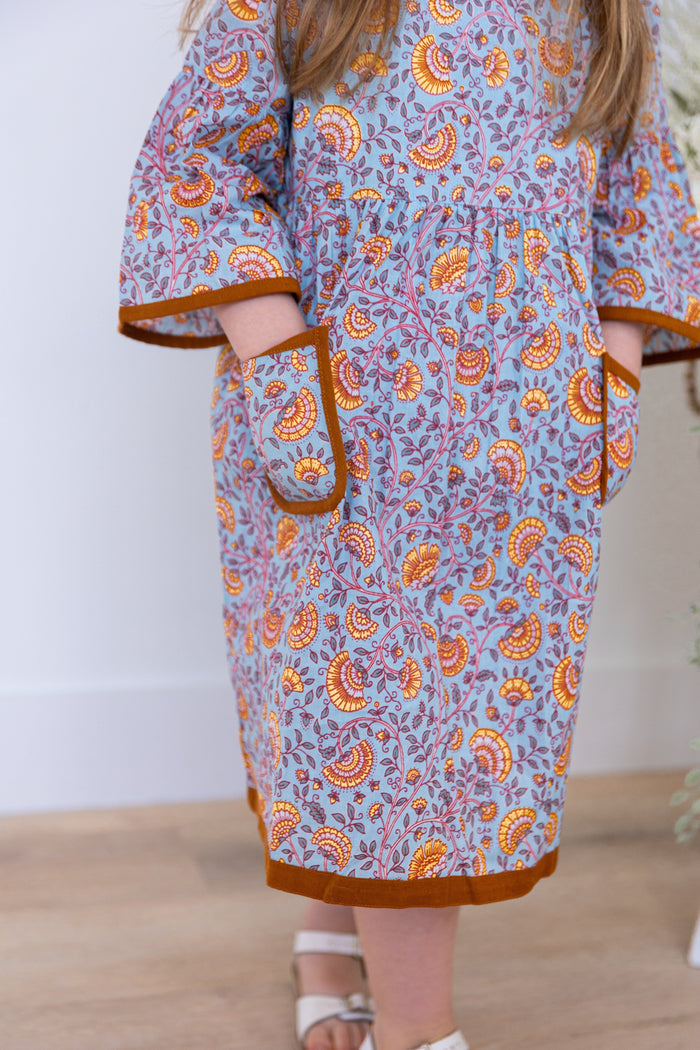 Rust Floral Printed Bell Sleeves Gathered Dress DRESS Yo Baby India