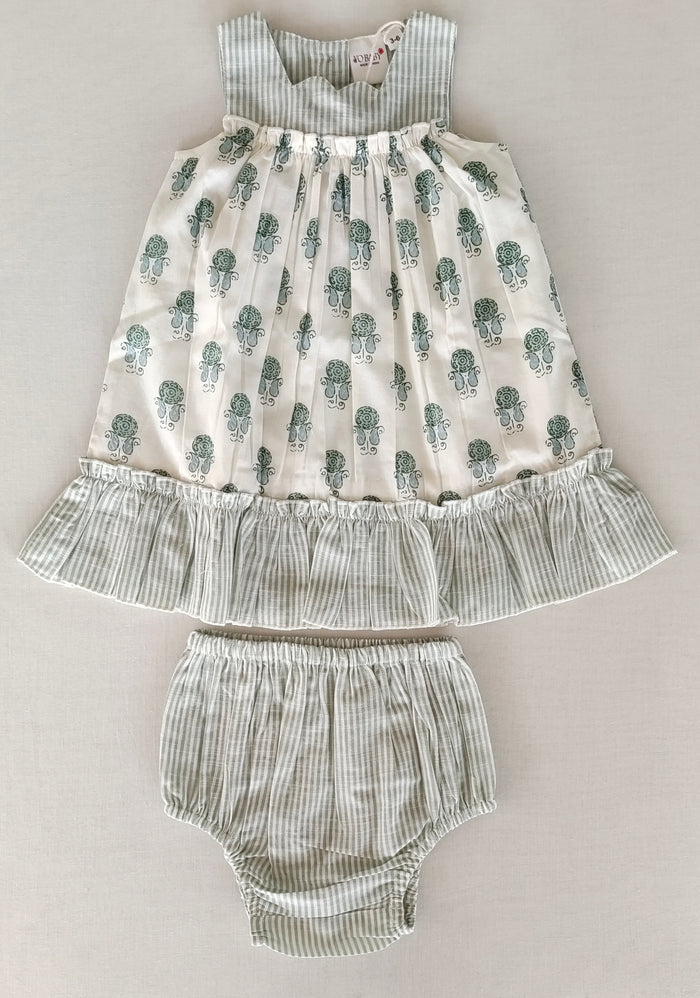 Sage Booty Print Cotton Sweetheart Neck Dress for Kids & Infants – Stripe Detail, Comfortable Fit