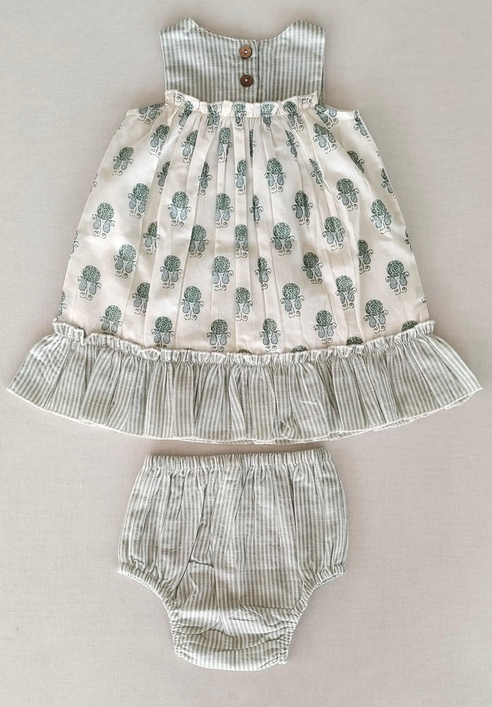 Sage Booty Print Cotton Sweetheart Neck Dress for Kids & Infants – Stripe Detail, Comfortable Fit