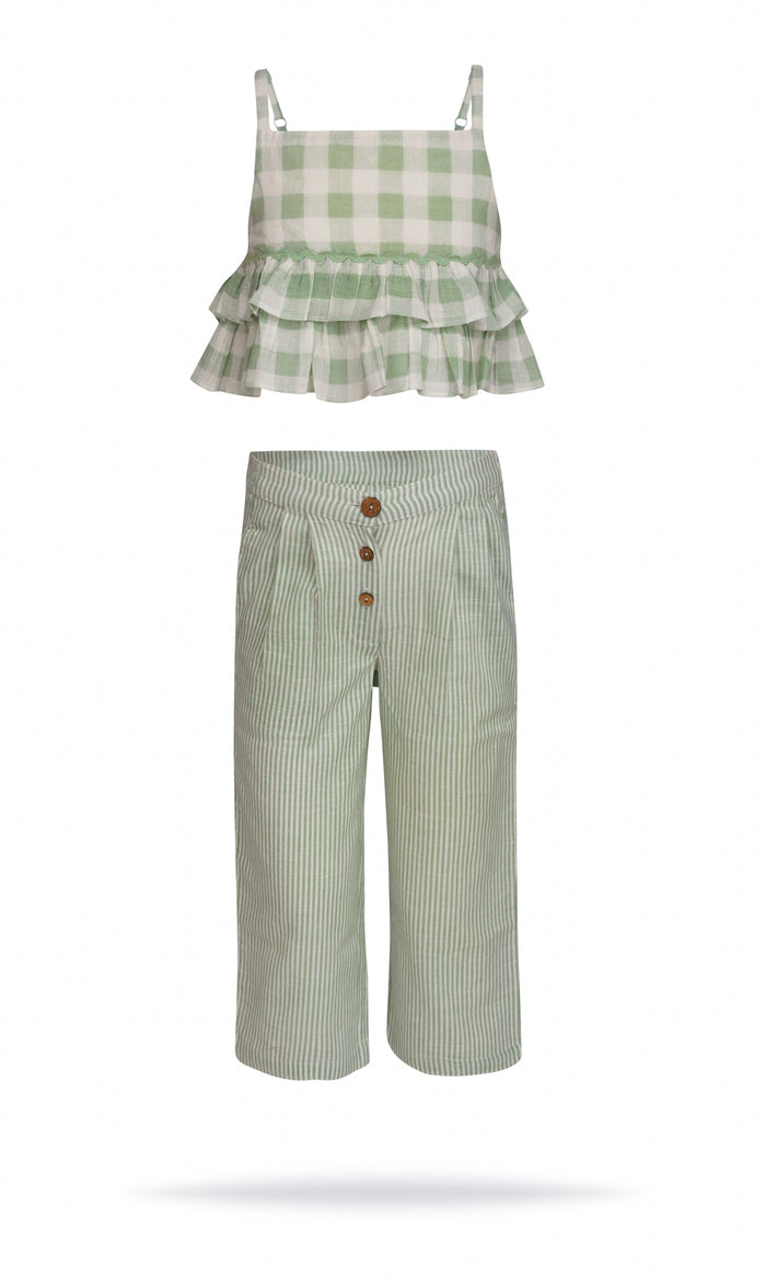 Adorable 2-Piece Sage Checks Top & Striped Pants Set for Kids & Infants dress & diaper cover Yo Baby India