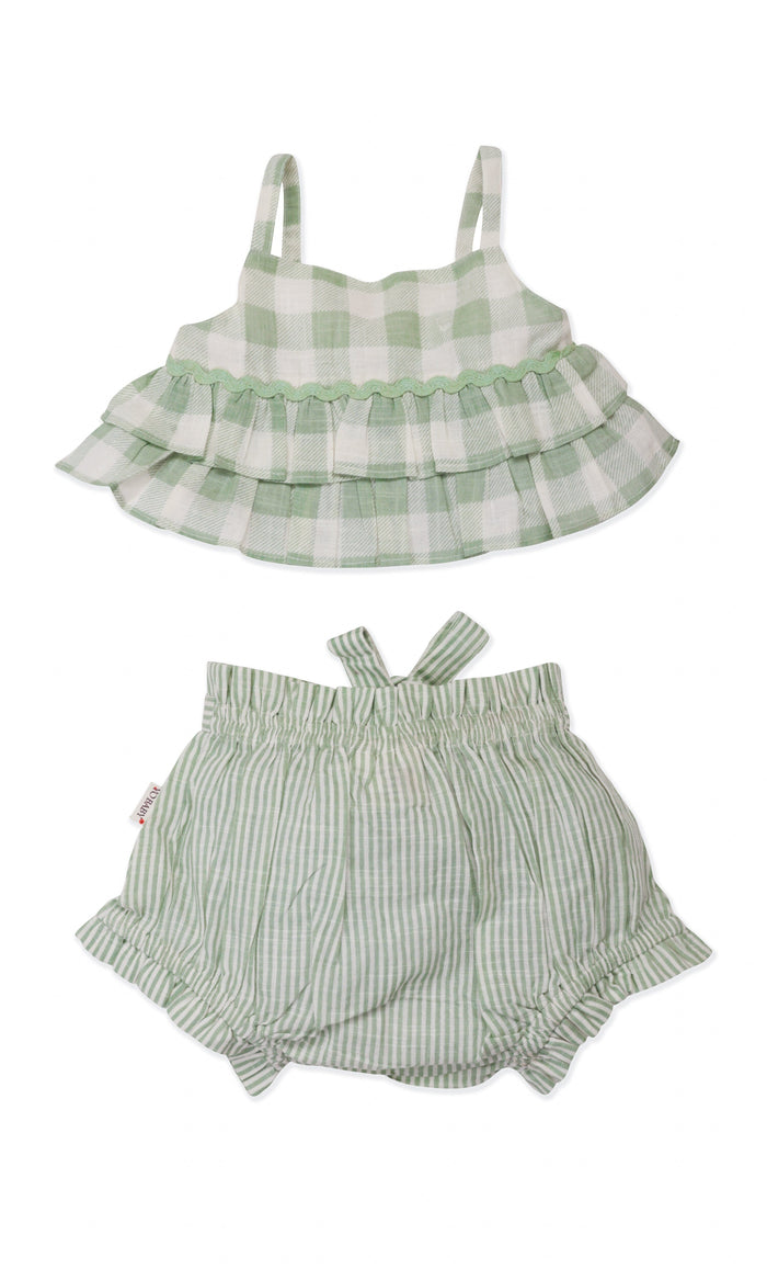 Adorable 2-Piece Sage Checks Top & Striped Pants Set for Kids & Infants dress & diaper cover Yo Baby India