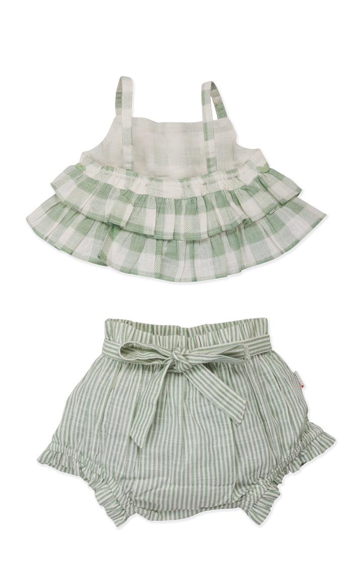 Adorable 2-Piece Sage Checks Top & Striped Pants Set for Kids & Infants dress & diaper cover Yo Baby India
