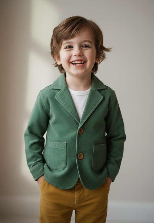 Sage Corduroy Blazer for Toddlers & Tweens – Unisex Kids, Contrast Fabric, Coconut Buttons