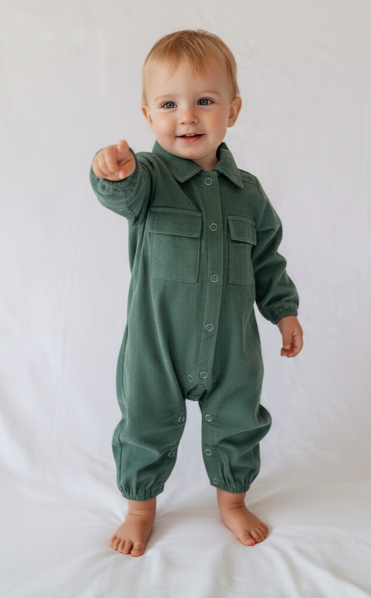Sage Corduroy Jumpsuit for Infants – Unisex Baby Girl & Baby Boy, Snap Buttons, Comfortable Fit