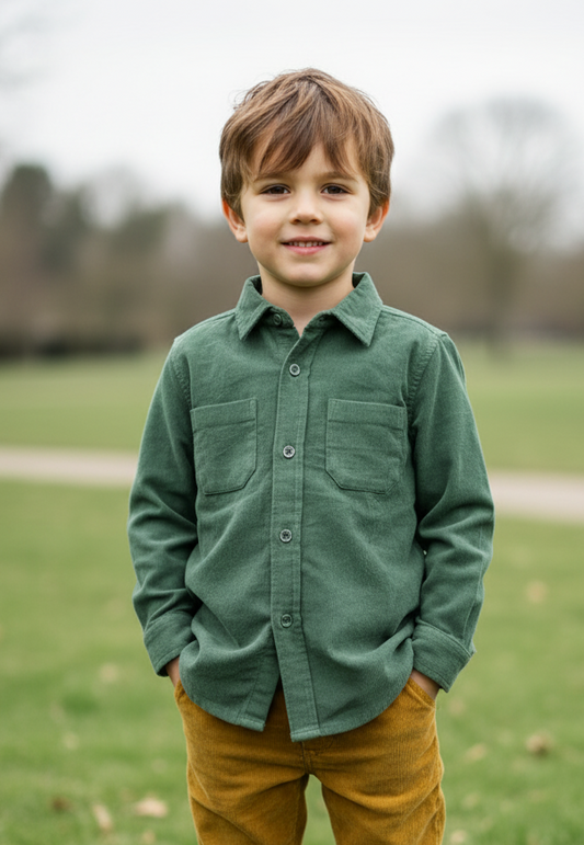 Sage Corduroy Shirt for Toddlers & Tweens – Unisex Kids, Rounded Hem, Metal Snap Buttons