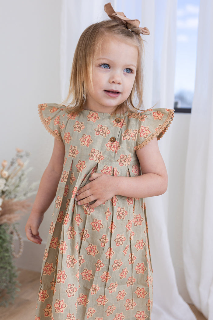Sage-Green Floral Printed Box Pleat Dress DRESS Yo Baby India