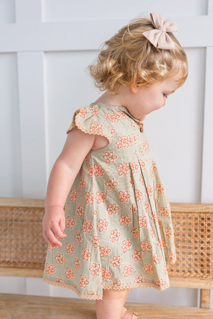 Sage-Green Floral Printed Box Pleat Dress DRESS Yo Baby India