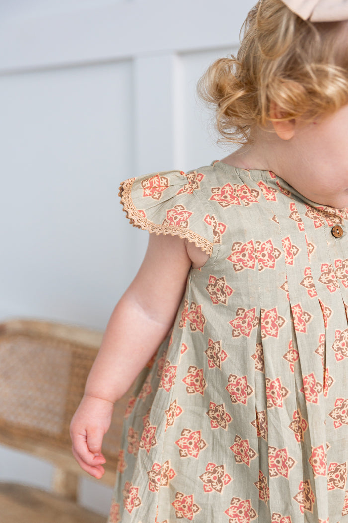 Sage-Green Floral Printed Box Pleat Dress DRESS Yo Baby India