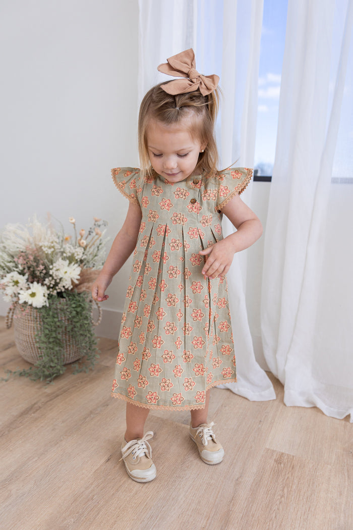 Sage-Green Floral Printed Box Pleat Dress DRESS Yo Baby India