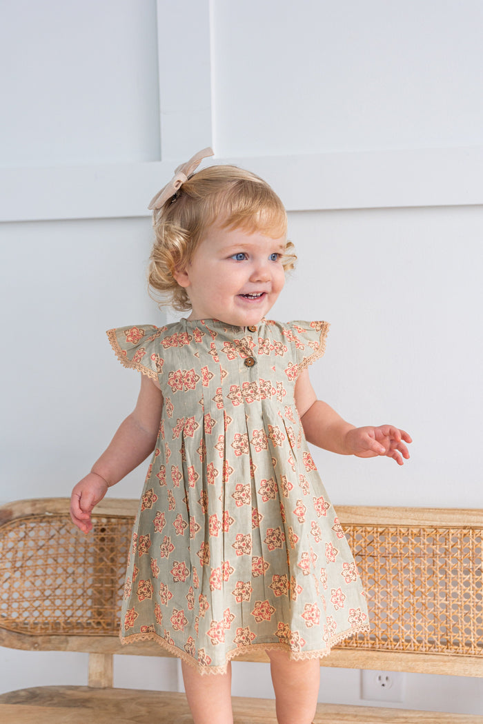 Sage-Green Floral Printed Box Pleat Dress DRESS Yo Baby India