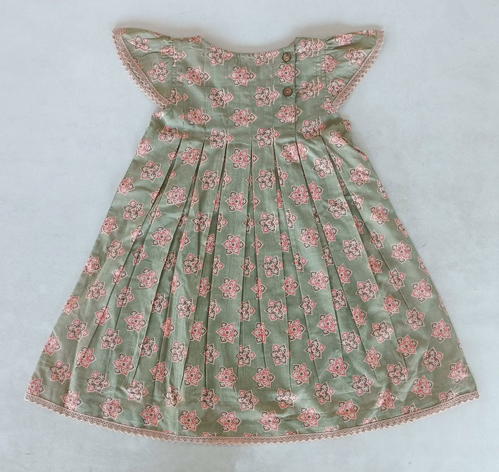 Sage-Green Floral Printed Box Pleat Dress DRESS Yo Baby India