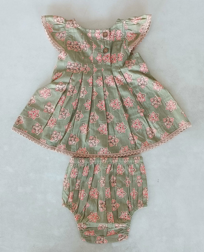 Sage-Green Floral Printed Box Pleat Dress DRESS Yo Baby India