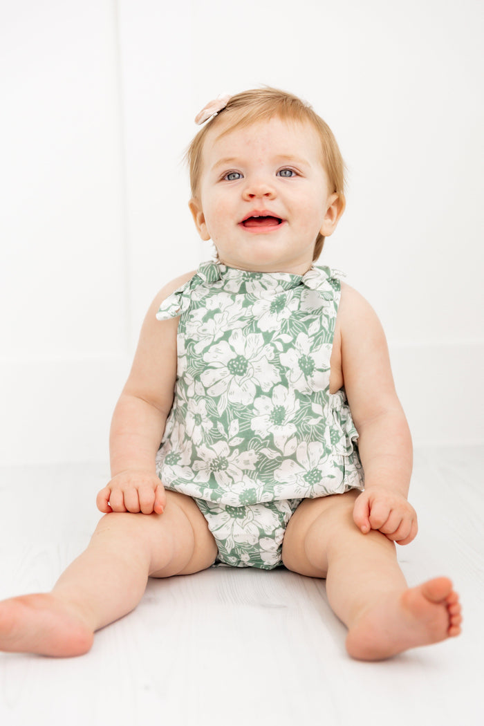 Sage-Green Floral Printed Ruffled Romper Yo Baby India