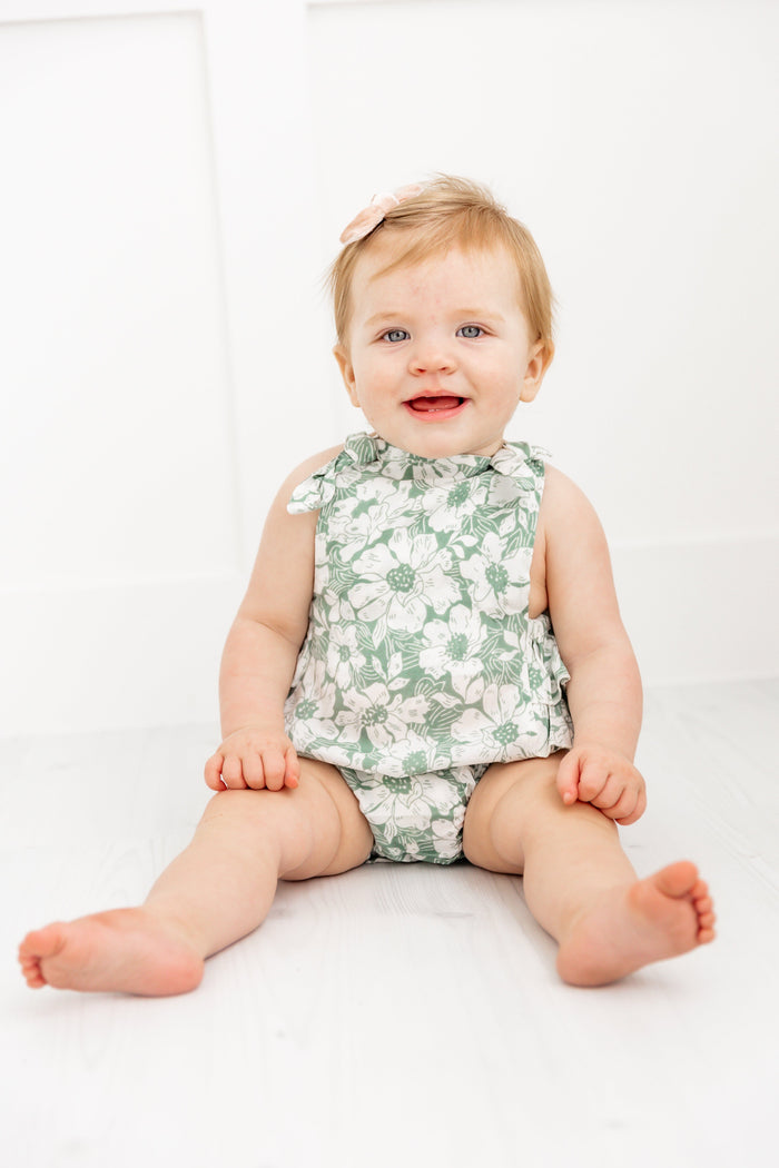 Sage-Green Floral Printed Ruffled Romper Yo Baby India